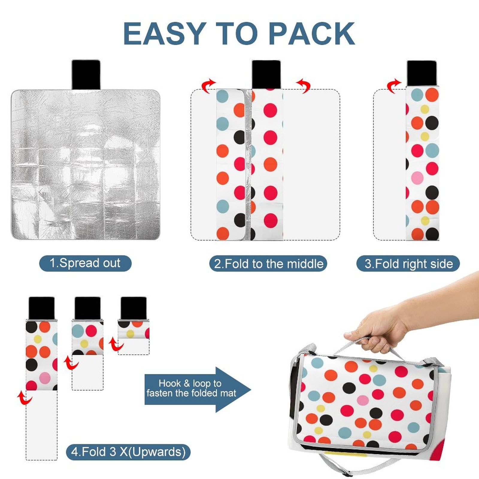 Coperta da picnic da spiaggia, coperta da picnic con stampa a pois, impermeabile, pieghevole, extra large, tappetino quadrato da picnic, per escursioni, viaggi, campeggio all'aperto, parchi