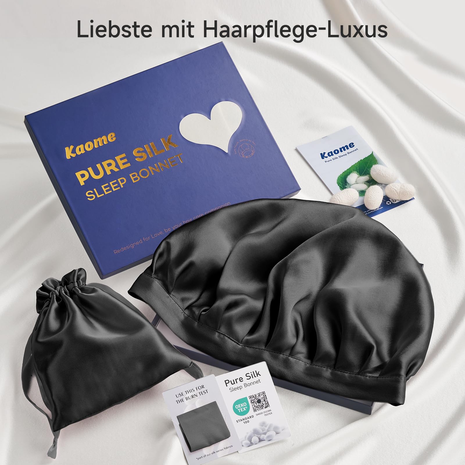 Kaome Bonnet de Nuit en Soie Mûre 22 Momme 100%, Bonnet de Sommeil Réglable Double Face 6A, pour Cheveux Bouclés et Longs, Doux et Antidérapant, Respirant avec Sac de Rangement