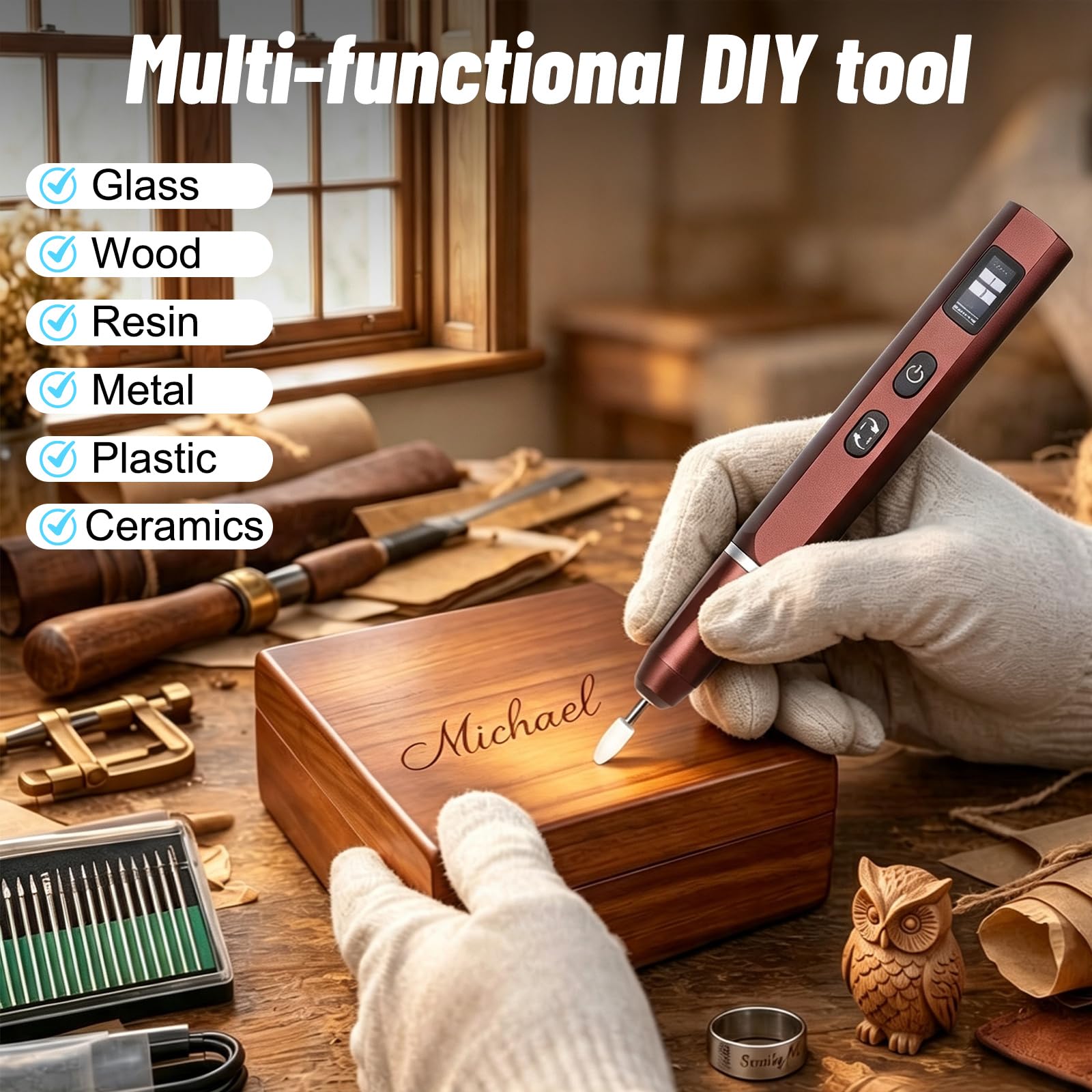Mini-Gravierstift, Gravur Gerät, Gravur Stift, Kabelloser Mini Bohrer mit 42-teiligem Zubehör, Aluminiumgehäuse, LED-Display, Mini Schleifer für Schmuck, Metall, Glas & Kunststoff
