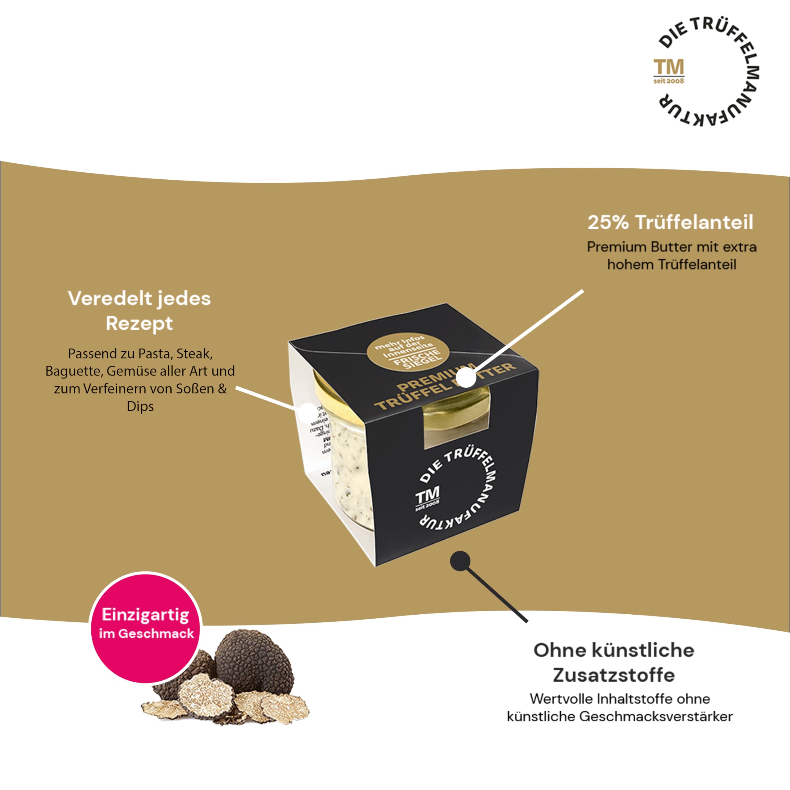 Die Trüffelmanufaktur - Feinkost Trüffelbutter Premium mit 25% Echtem Frischen Schwarzem Trüffel, Delikatesse für Feinschmecker, Weiße Butter im Glas á 95 g - Made in Germany