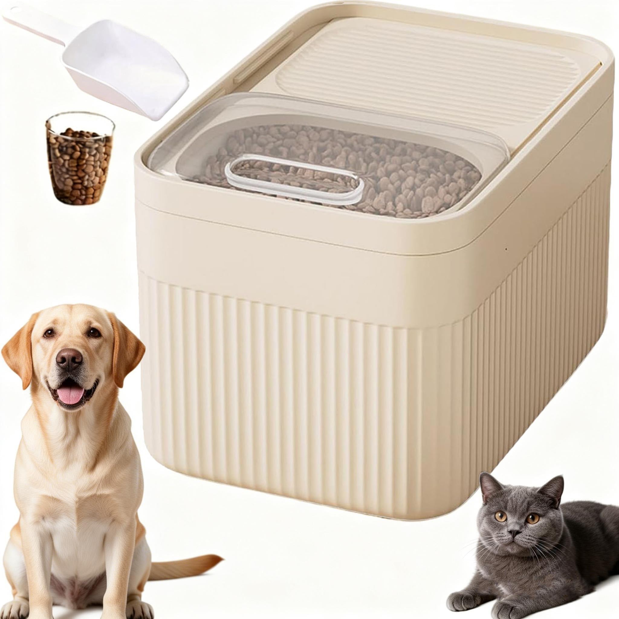 Airtight Pet Food Storage Container with Measuring Cup, 4kg / 6kg / 14kg, Large Dry Dog Food Bin, Cat Kibble Dispenser, Plastic Bird Seed Storage Box, Pour Spout, Kitchen Pantry (Beige, Large)