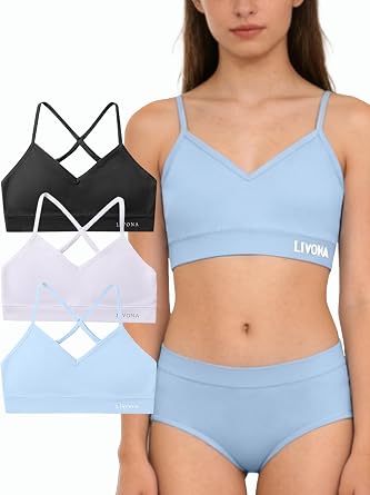 Livona Racerback Training Bra for Girls- 3 Pack Seamless Sports Bra, Padded Everyday Bra Bralette,Crop Cami Tank Top 6-14