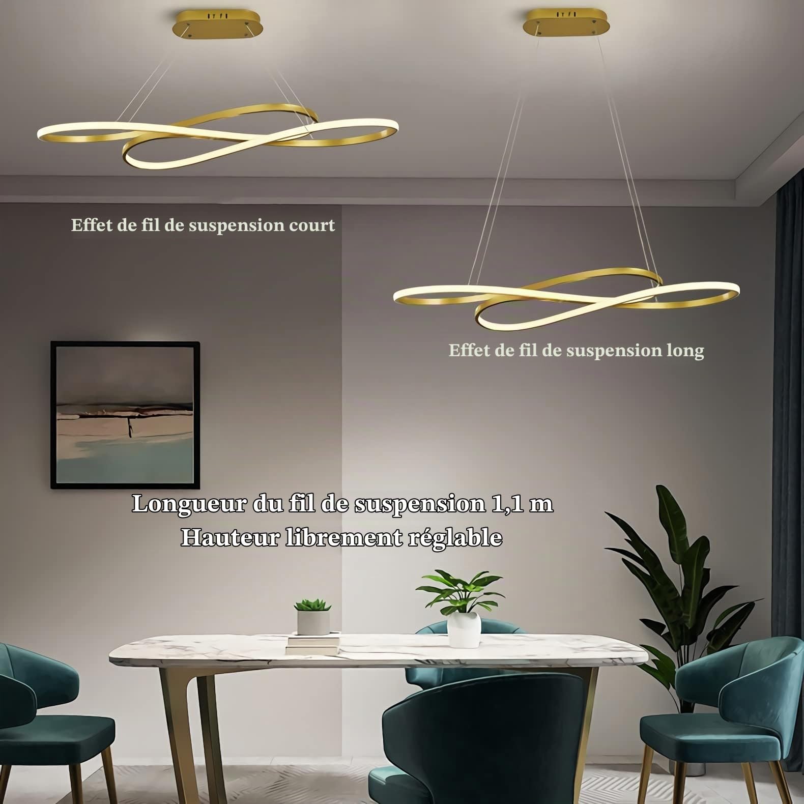 LED Suspension Salle Lumière Pendant Dimmable avec télécommande Lampe suspendue Moderne Art Désign Hauteur Réglable, pour Salle à Manger Restaurant Réception Barre Salon (Or)