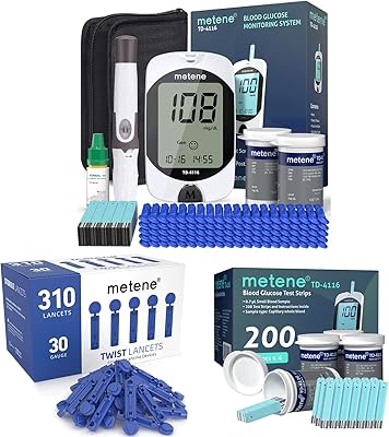 Metene TD-4116 Blood Glucose Monitor Kit, 300 Glucometer Strips, 410 Lancets, 1 Blood Sugar Monitor, 1 Lancing Device, Dia...