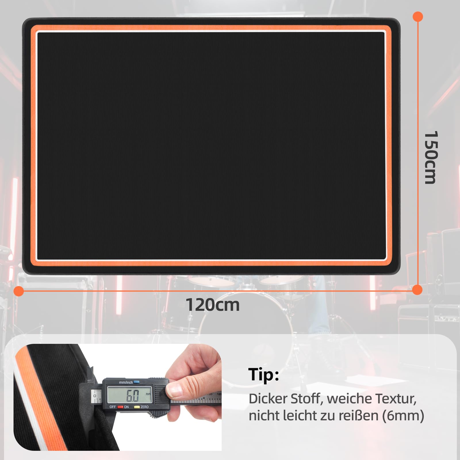 OUUTMEE Schlagzeugteppich Drum Teppich Schwarz+Orangefarbener Rand 155x122cm