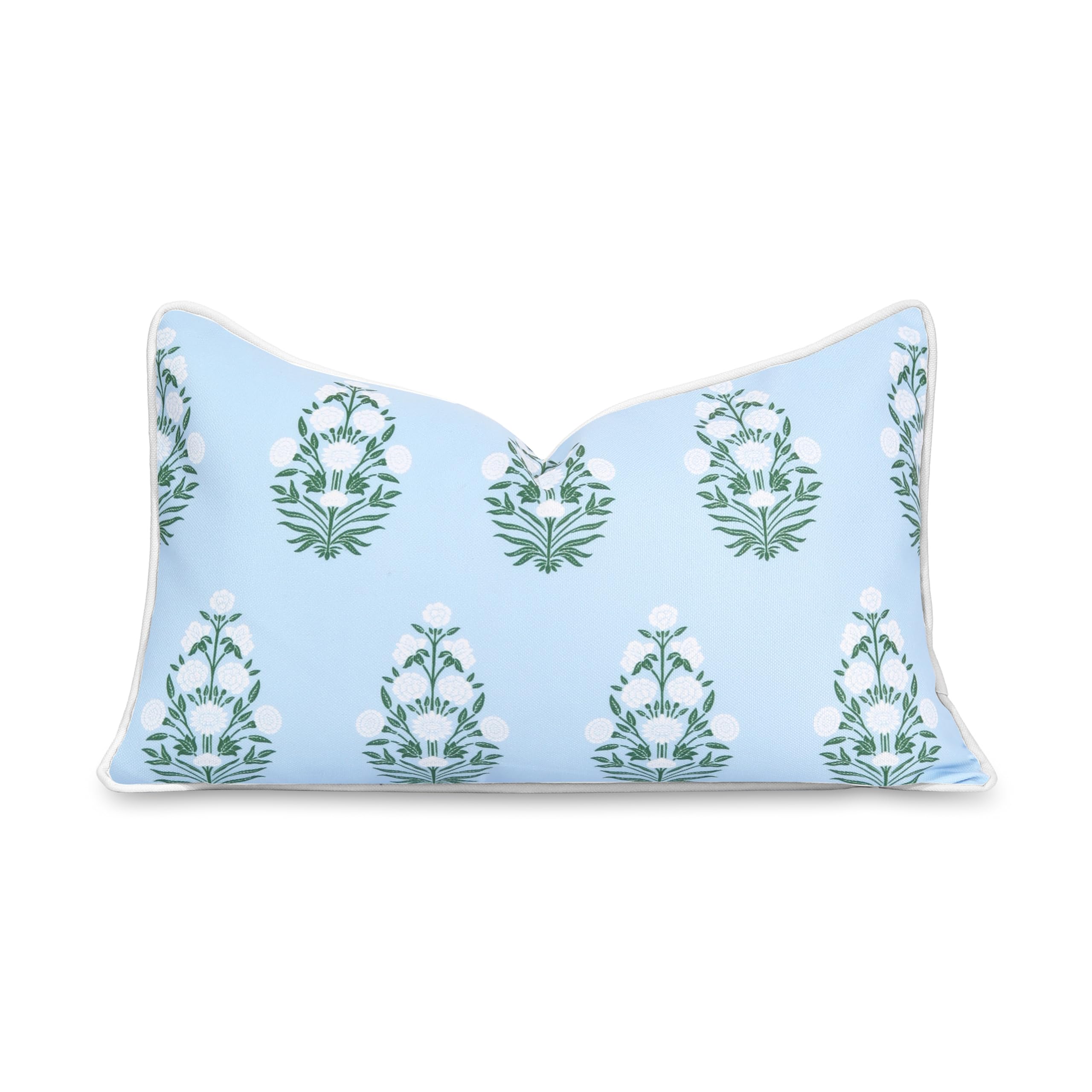 Hofdeco Premium Coastal Patio Indoor Outdoor Throw Pillow Cover Only, 12"x20" Water Repellent for Backyard, Couch, Baby Blue White Green Floral with Piping