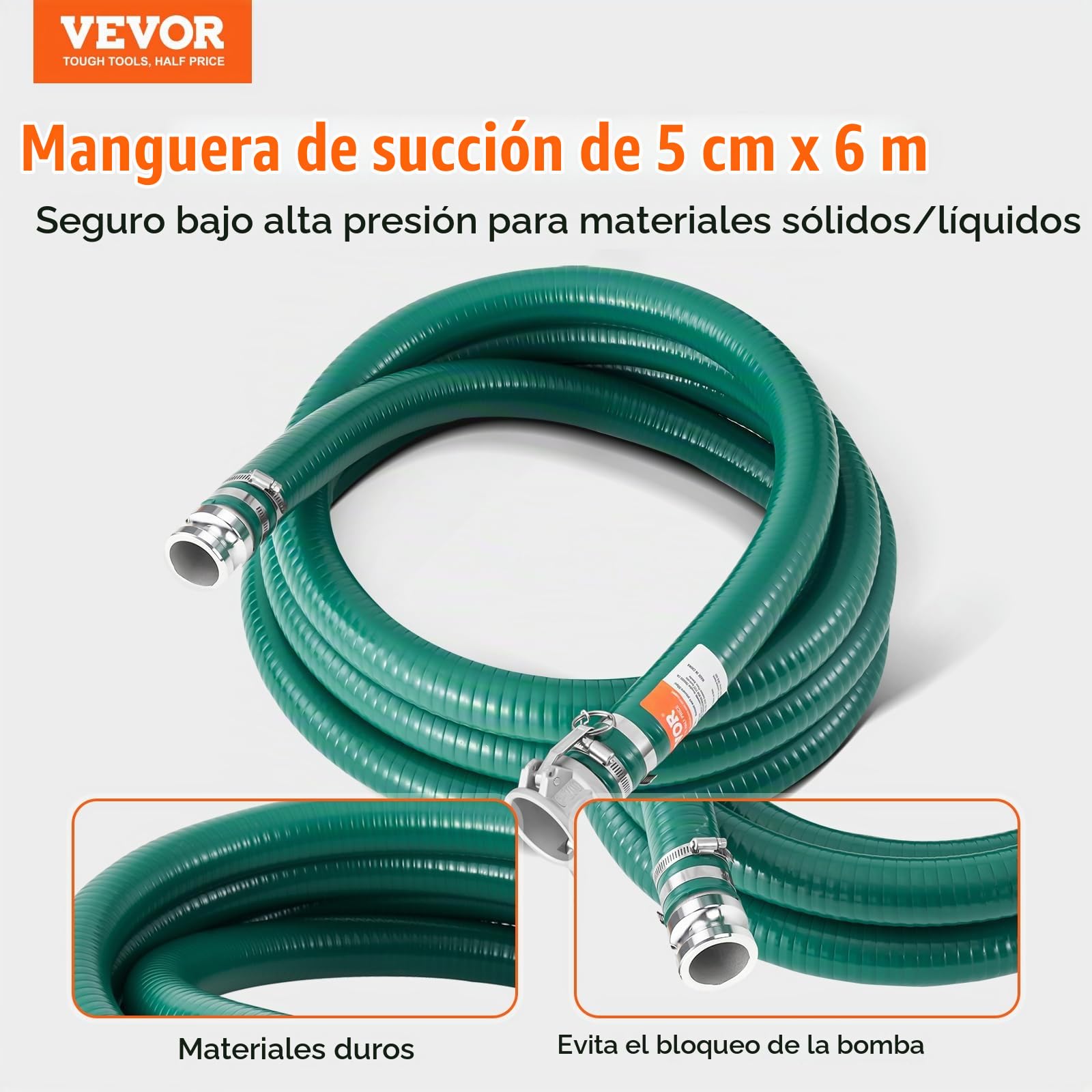 VEVOR Manguera de Succión de 50,8 mm x 6,1 m, Manguera con Conectores Bloqueos de Leva, Accesorios de Aluminio para Varias Bombas para Tratamiento de Aguas Residuales, Transporte de Agua, Verde
