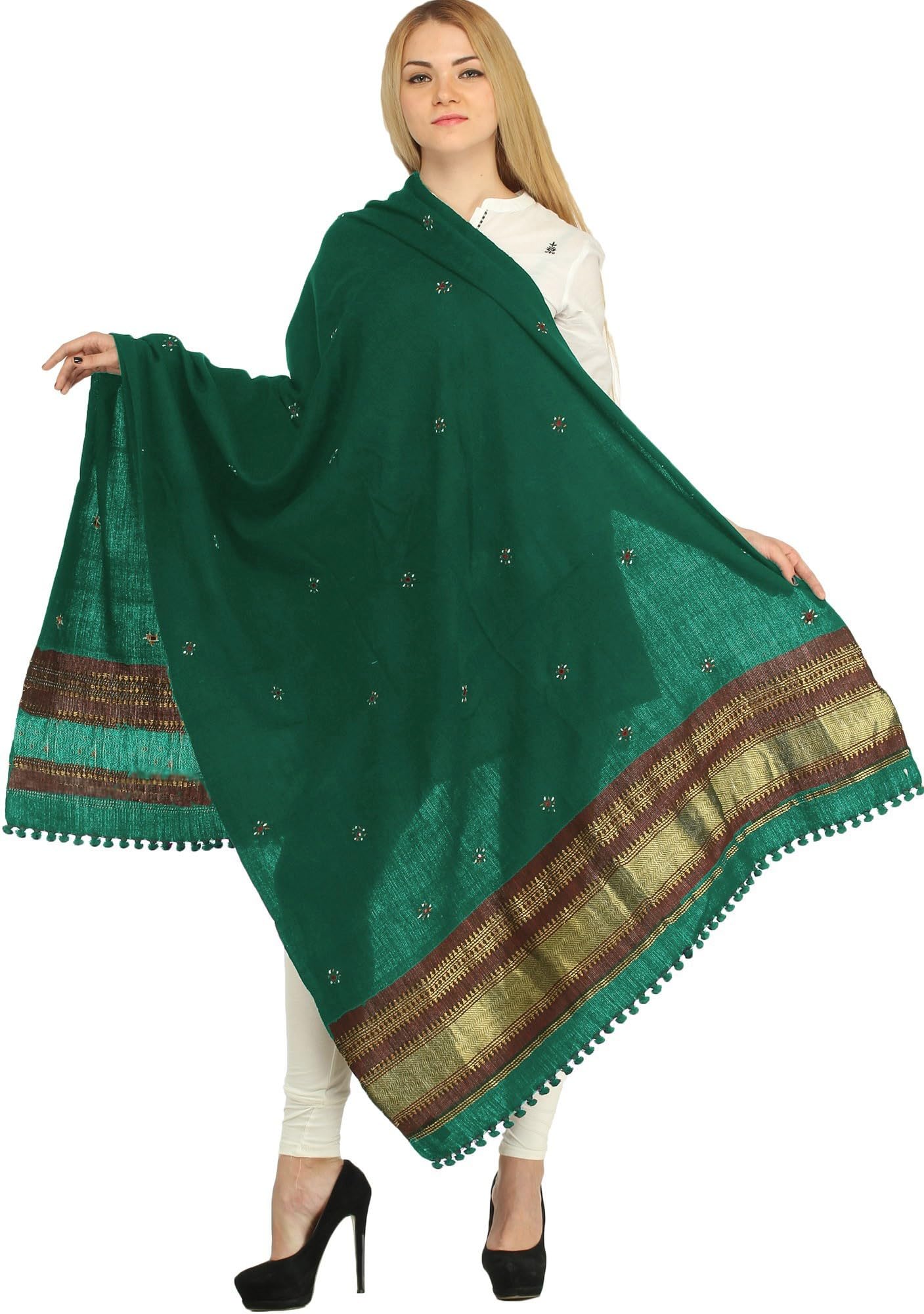 exotic india Women's Wool Shawl from Kutch with Embroidered Bootis and Golden Woven Border Ethnic Design Stole, Scarves-picture-17