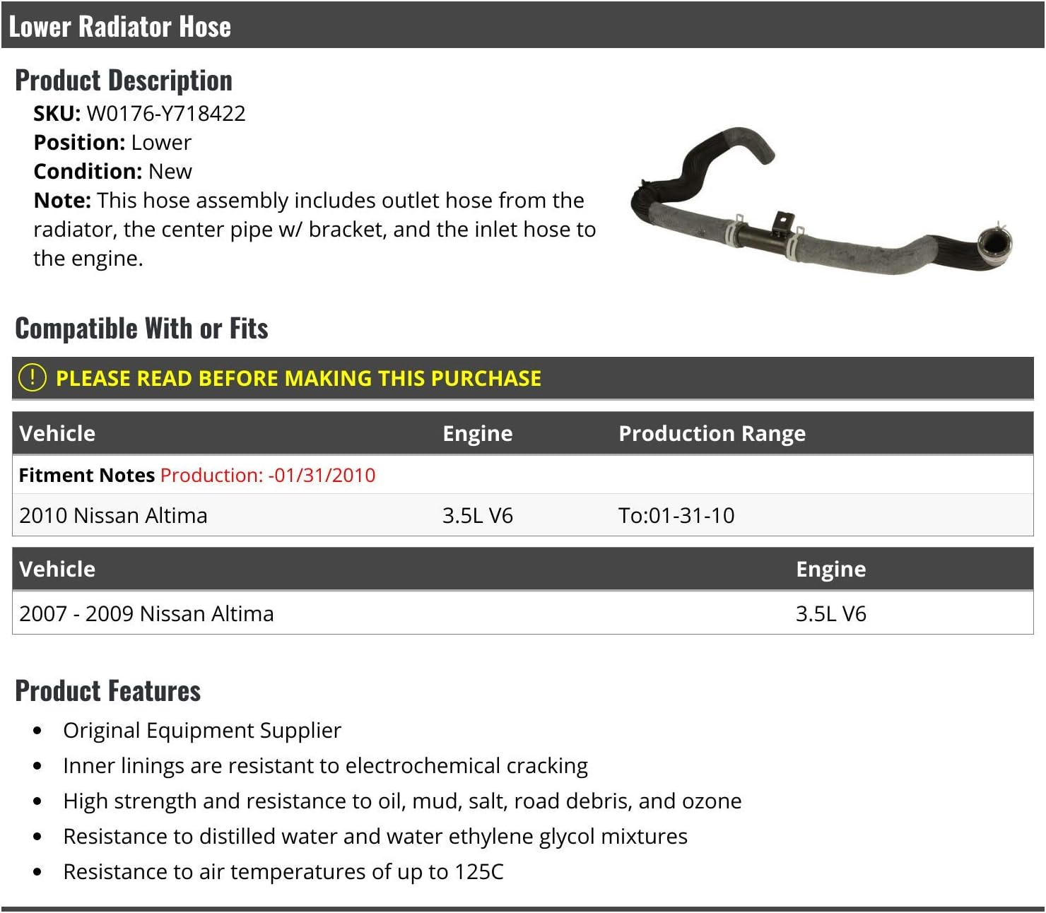 Marketplace Auto Parts Lower Radiator Hose - Compatible with 2007-2010 Nissan Altima 3.5L V6 (Up to 1/31/2010)