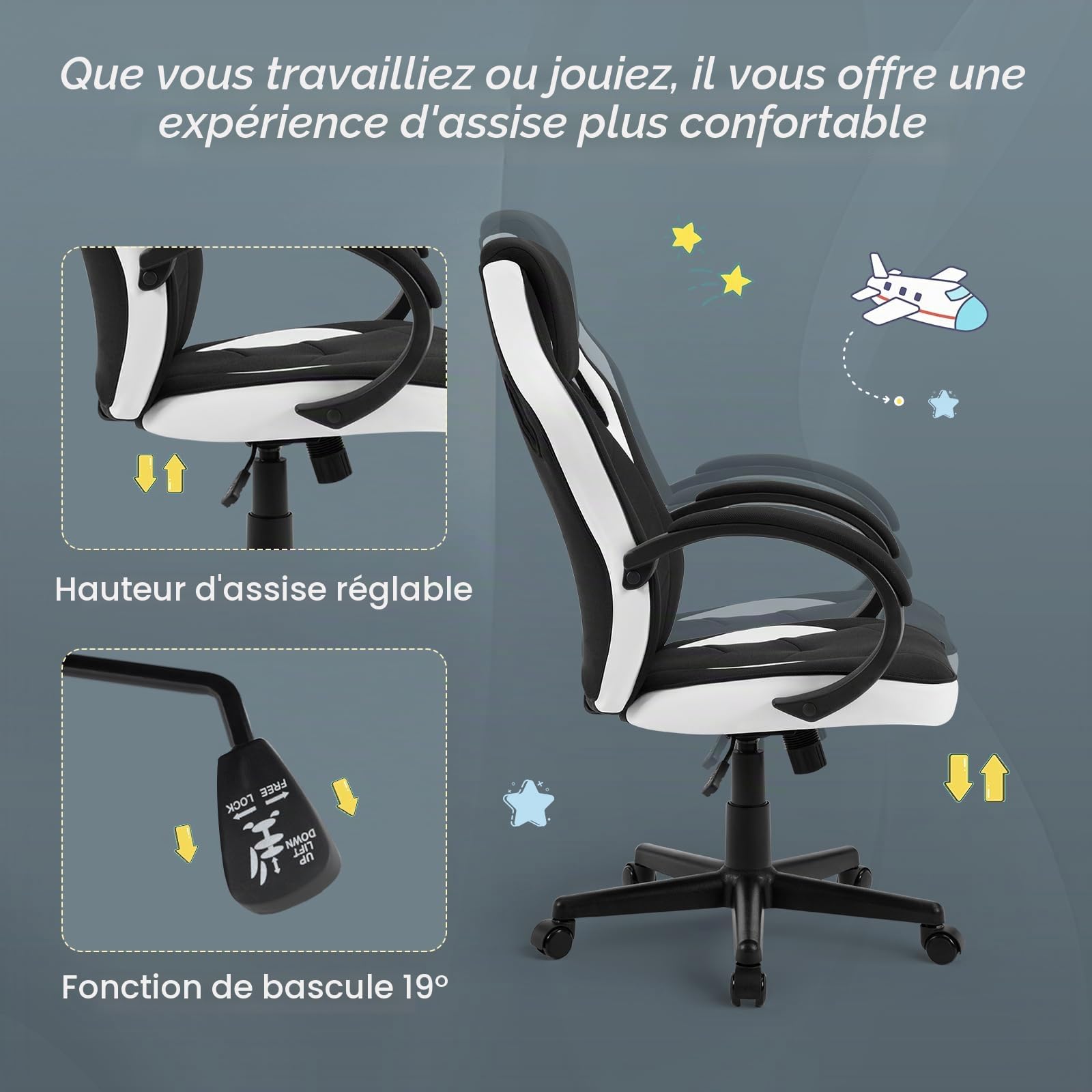 WOLTU Chaise Gaming,Enfant et Chaise Bureau,Respirant en Tissu,Noir+Blanc