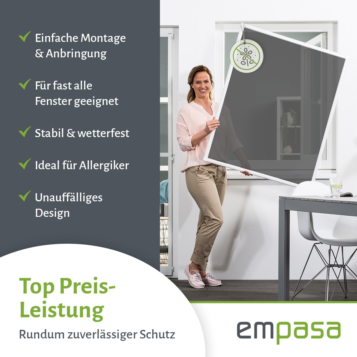 empasa Pollenschutz Fliegengitter Fenster Basic Alurahmen für Allergiker