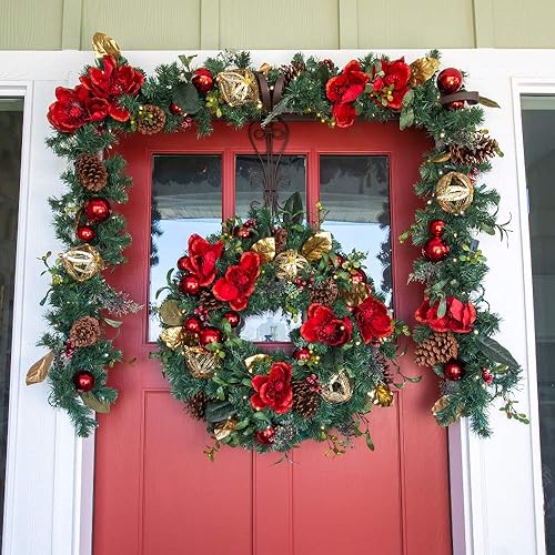 Miniatura 6 de Magnífica guirnalda con luces de 9 pies y magnolia roja