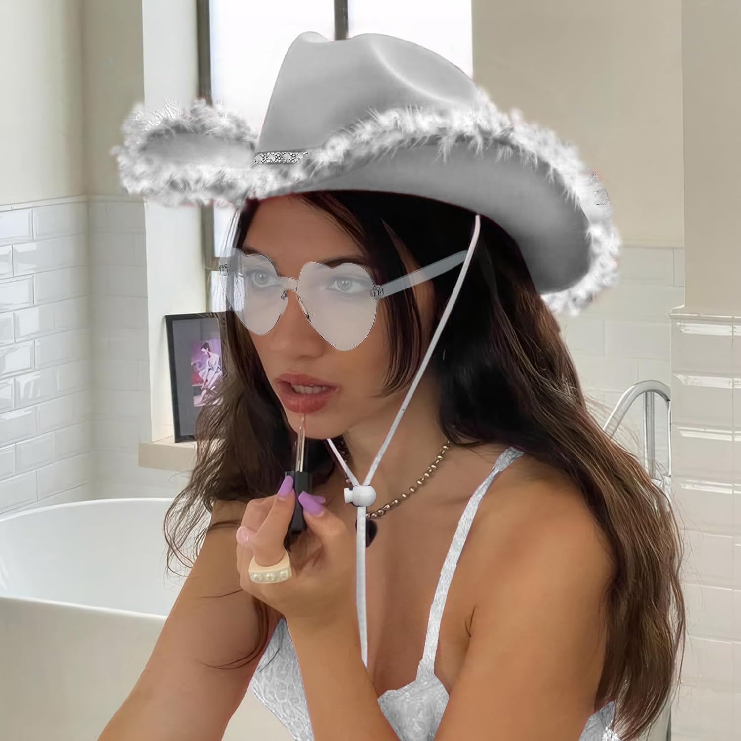 Cowboy Hat with Heart Sunglasses - Cowgirl Hat with Feather Boa Brim for Women&Men,Bachelorette Party Halloween - Image 5