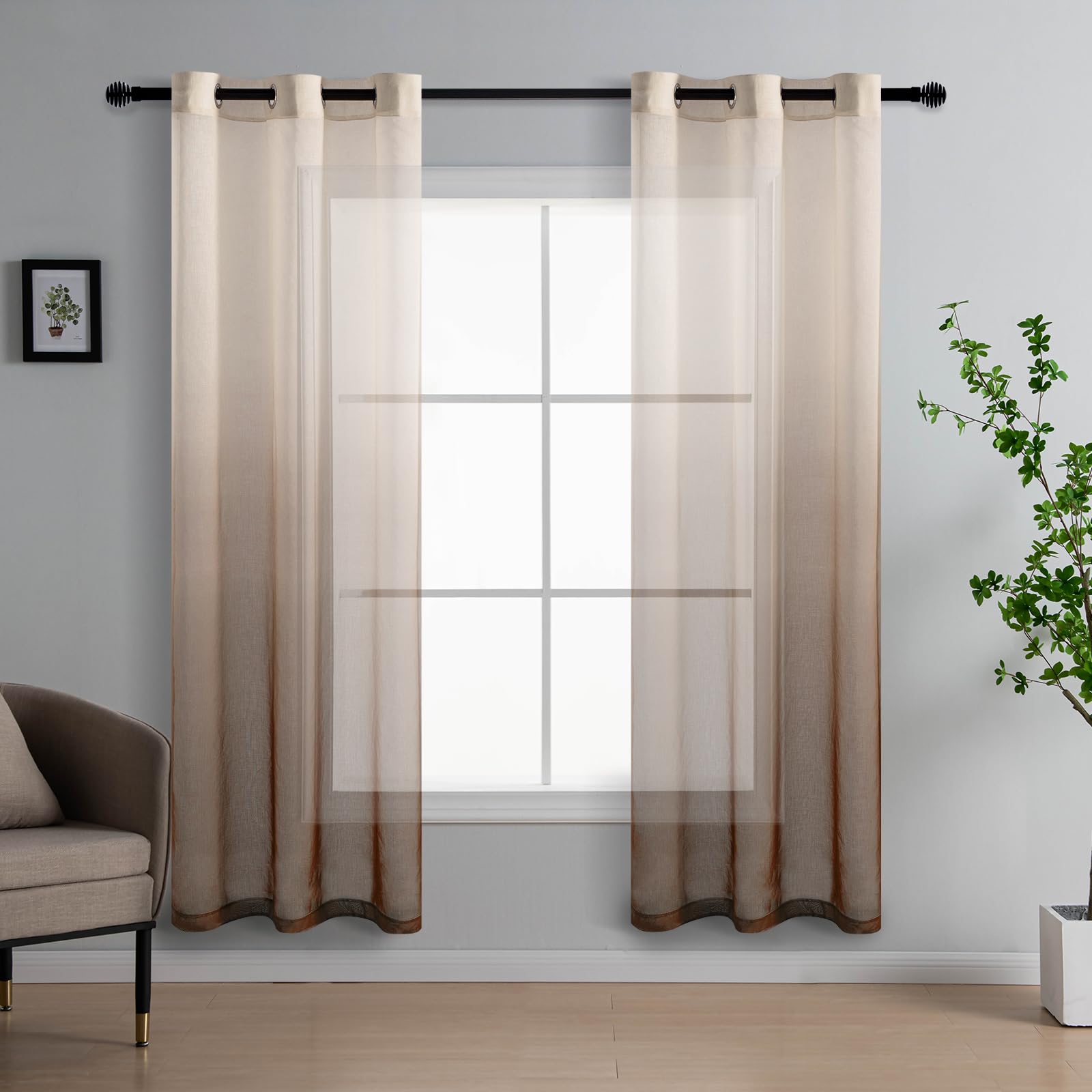 DWCN Voile Curtain Brown Gradient Curtains for Living Room Eyelet Net Curtains for Windows Sheer Curtains for Bedroom Set of 2