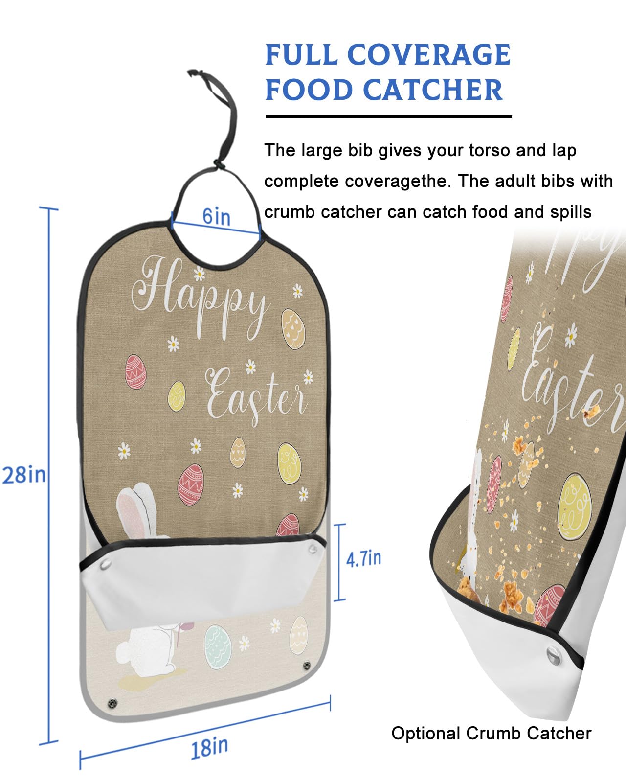 Spring Easter Adult Bibs for Eating, Waterproof Bibs with Food Catcher & Adjustable Snap Closure, Bunny Flower Colorful Eggs Daisy Linen Texture Clothing Protectors Adult Bibs for Elderly Women/Men
