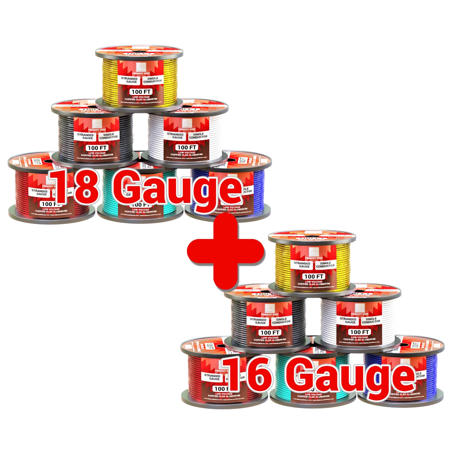 16 Gauge and 18 Gauge Wire Combo - 18ga is 6 Pack 100' per Roll. (Total 600 ft) -16ga is 6 Pack 100' per Spool (Total 600 ft) - Copper Clad Aluminum