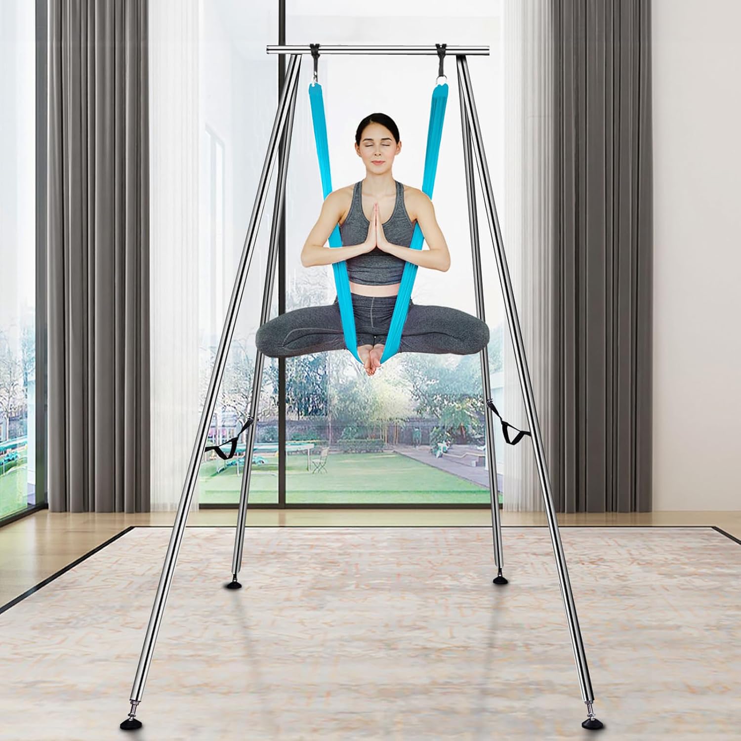 VEVOR Yoga Stand Frame, Max 441-551 lbs Load Swing Stand, Triangular Structure Aerial Rig, Aerial Silk Stands with Yoga Hammock, Standard & Height-Adjustable Version