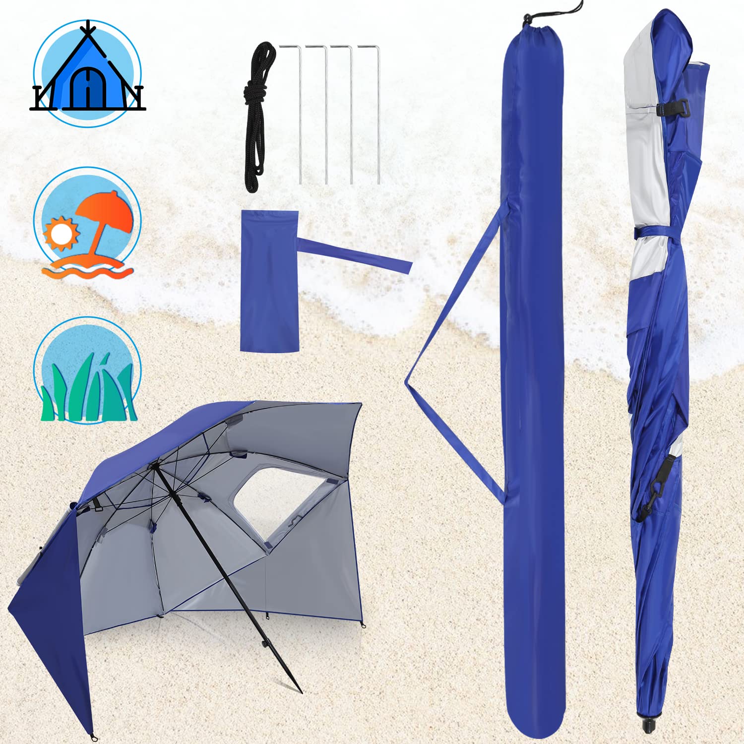Daromigo Sombrilla 2 en 1 semáforo de aluminio paraguas protección solar protección UV 50, 210 x 220 cm concha de playa para playa jardín plegable multifuncional, con ventana y bolsa de transporte