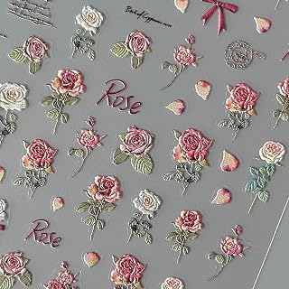Retro Flower Nail Art Stickers 5D Embossed Luxury Nail Decals Spring Rose Flower Nails Design White Flowers Nail Stickers Designer Nail Art Supplies Manicure Decoration Accessories for Women, 3Sheets