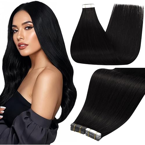 Full Shine Human Hair Tape In Extensions, Jet Black 20 Inch