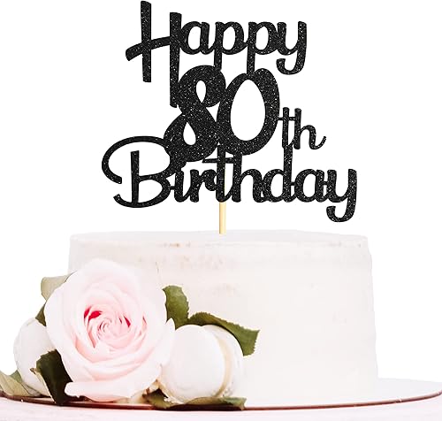 Decoración para tarta de 80 cumpleaños con purpurina negra para pastel de 80 cumpleaños, decoraciones para tartas de cumpleaños 80, saludos a 80