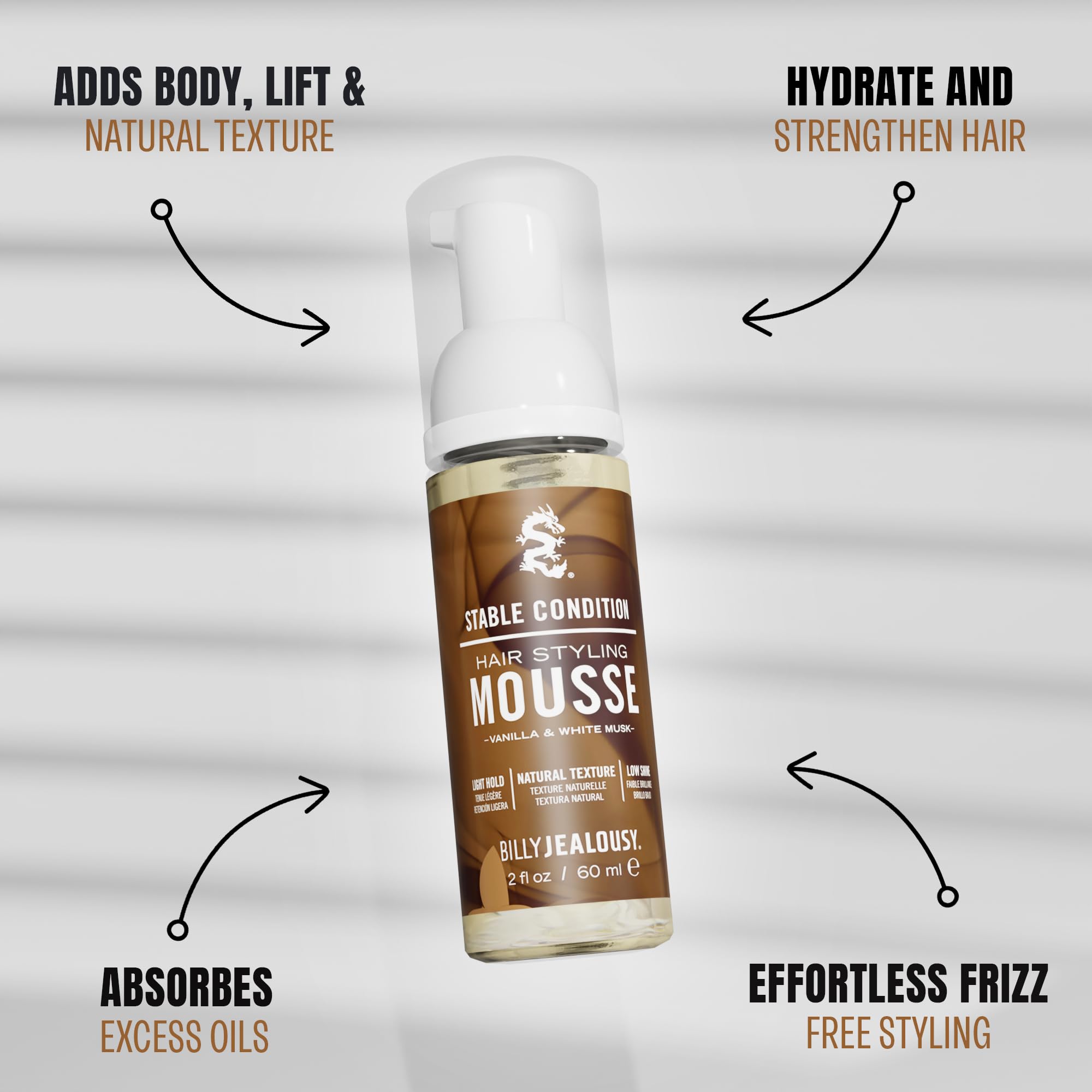 Billy Jealousy Stable Condition Hair Styling Mousse for Men – Light Hold for Body & Lift, Frizz Control – Hydrates with Sea Moss & Kelp, Travel Size, Silicone & Residue-Free, Vegan, Vanilla White Musk