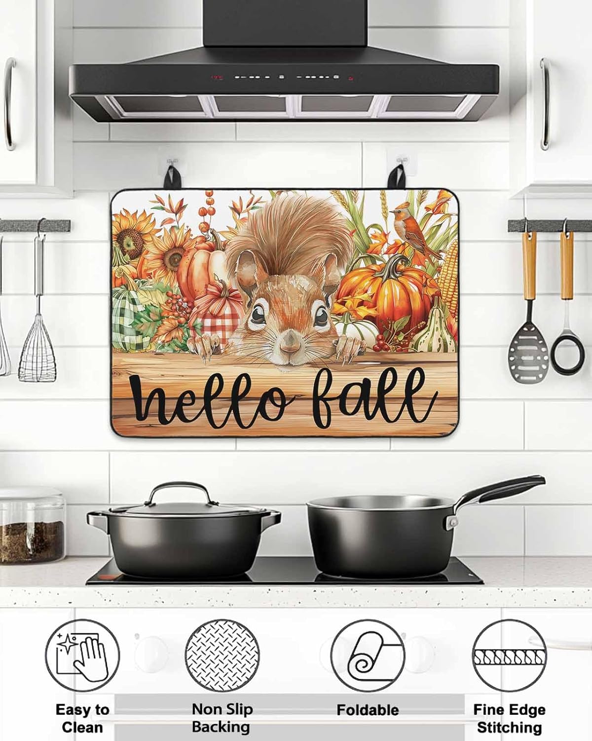 Stove Top Cover for Electric Stove Hello Fall Squirrel Harvest Brown Wood Grain 36" x 21" Heat Resistance Electric Stove Cover Glass Stove Top Protector Washer/Counter Protector