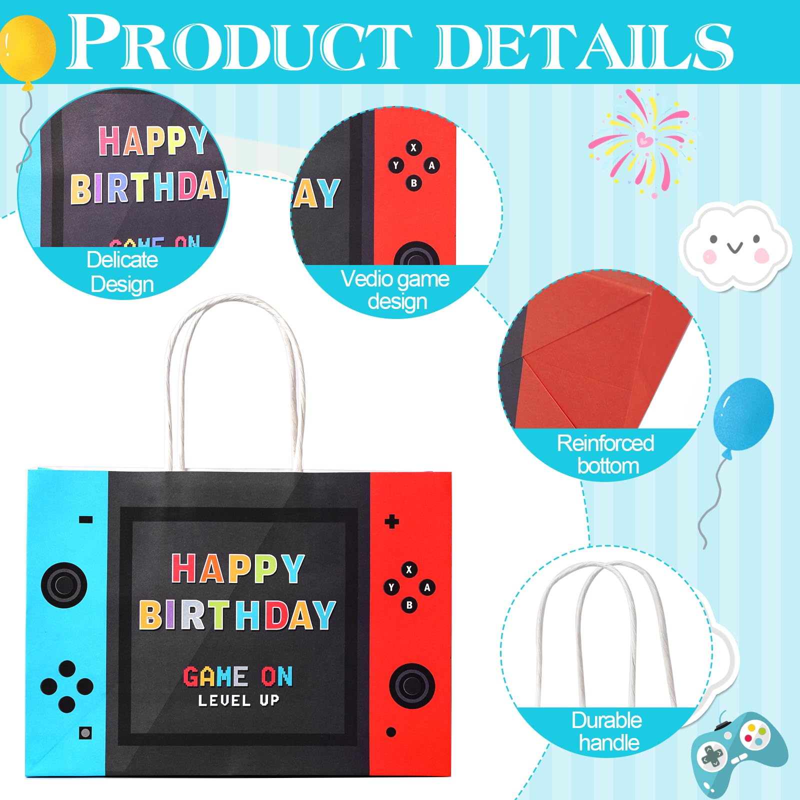 JOCOPUERTO Bolsas de regalo de fiesta de videojuegos, bolsas de regalo de papel kraft con temática de juegos, 16 piezas, suministros de fiesta de cumpleaños