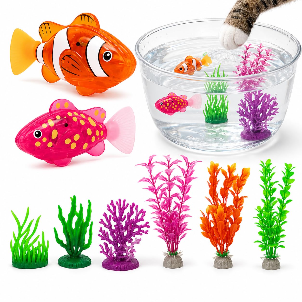8 Robo Fish Bath Toy Set, 2 Light Up Bath Toys with 6 Scenes