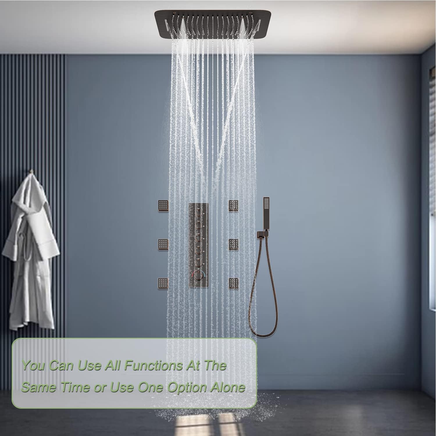 Thermostatic Shower System Oil Rubbed Bronze Rain Shower System with 16X24 Inch Ceiling Mounted Luxury Shower Head(Rainfall & Waterfall & Mist Mode), Handheld Spray and 6 PCS Body Jets