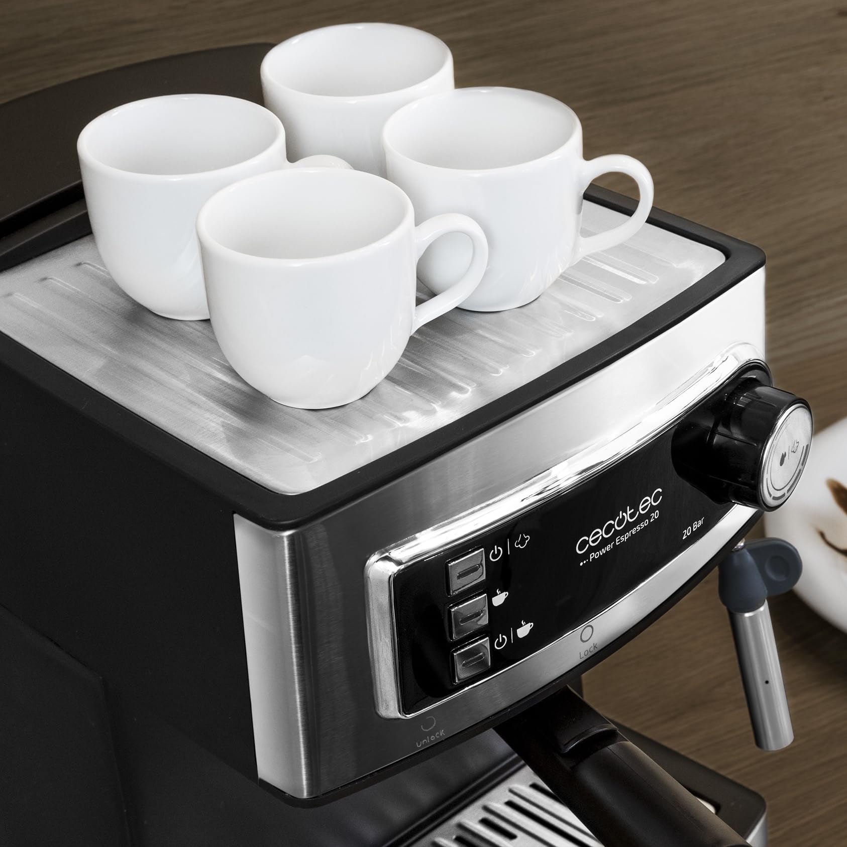 Cecotec Cafetera Express Café Espresso y Cappuccino Power Espresso. 20 Bares de Presión, Vaporizador Orientable, Brazo con Doble Salida, Calientatazas, Capacidad 1,5L, Incluye Cuchara Prensadora