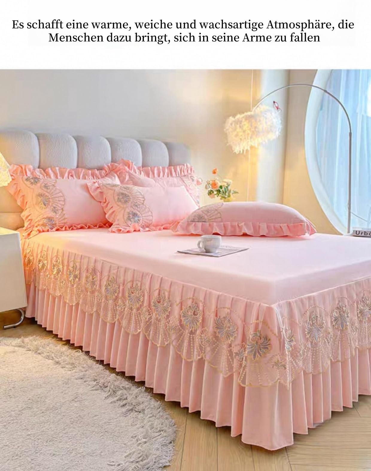 Bettrock Mit Rüschen Einfarbig Bestickt Bed Skirt Umwickeln Betthusse Polyesterfaser Weich rutschfest durch elastisches Band Maschinenwaschbar für 43cm Hohes Bett(D,150cm*200cm)