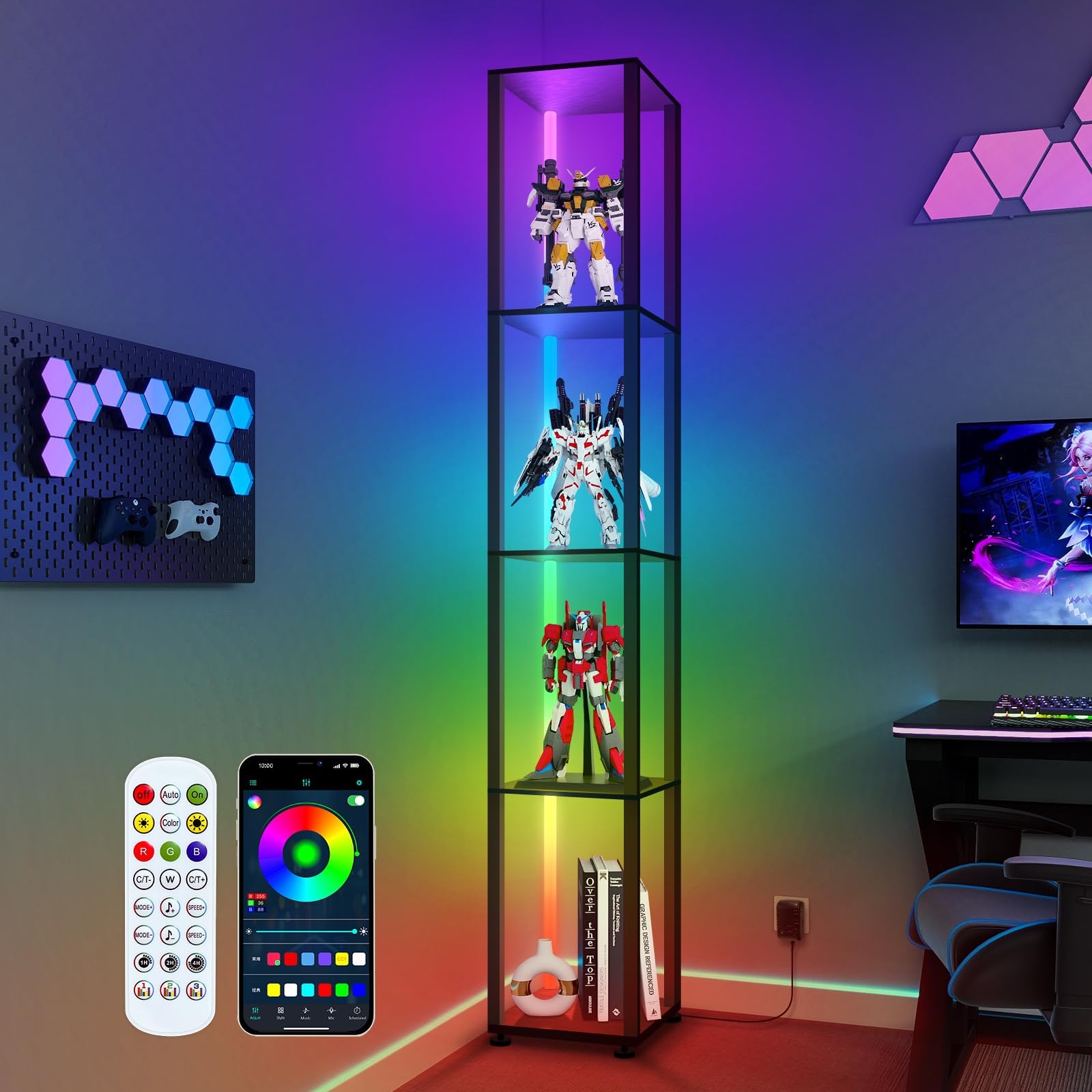 Corner Shelf with LED Light, 5 Tier Display Corner Shelf, Tall Corner Shelves Bookshelf Stand via APP and Remote Control, Floor Lamp with Shelves for Bedroom, Office, Living Room, Game Room