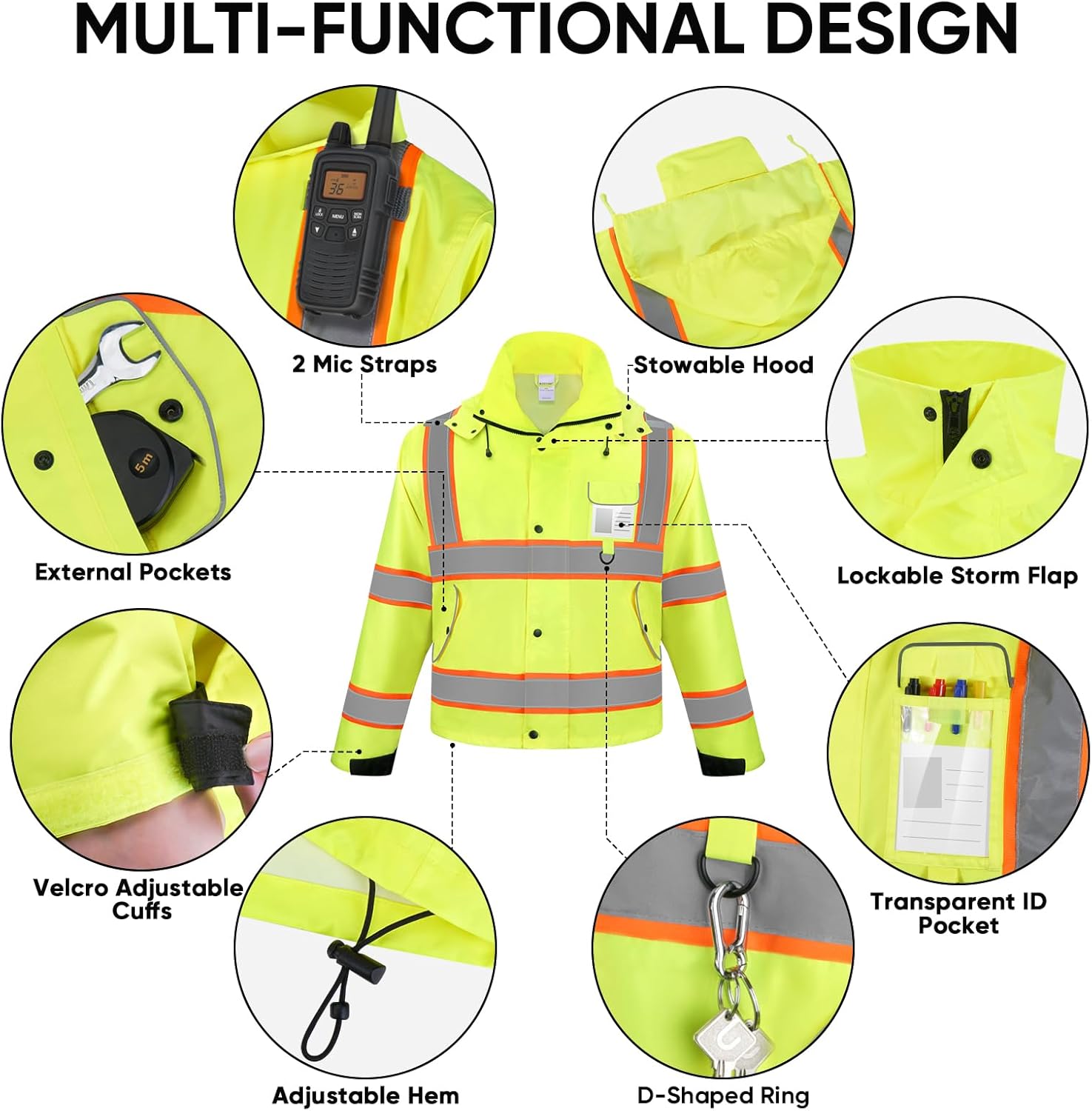 TICONN Hi Vis Rain Jacket and Pants, ANSI Class 3 Reflective High Visibility Safety Rain Suits - Image 4