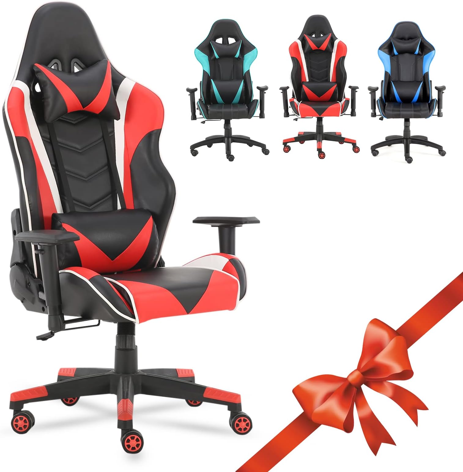 Gaming Chair Office Computer Racing Heavy Duty E-Sports Chair Ergonomic Backrest and Adjustable Seat Height Multi-Function Recliner Swivel Rocker with Headrest & Lumbar Support Pillow (Red)