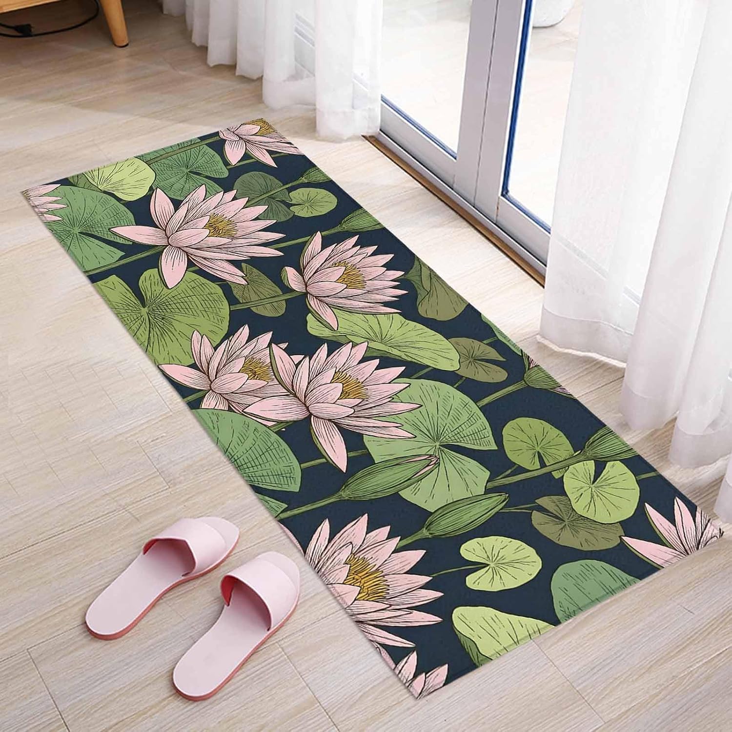 Teamery Kitchen Mats for Floor Pink Lotus Water Lily Dark Green Leaves Washable Non Slip Kitchen Rugs 1PCS, Oriental Style Absorbent Standing Mats for Sink Bathroom Office Living Room 23.6x70.9in