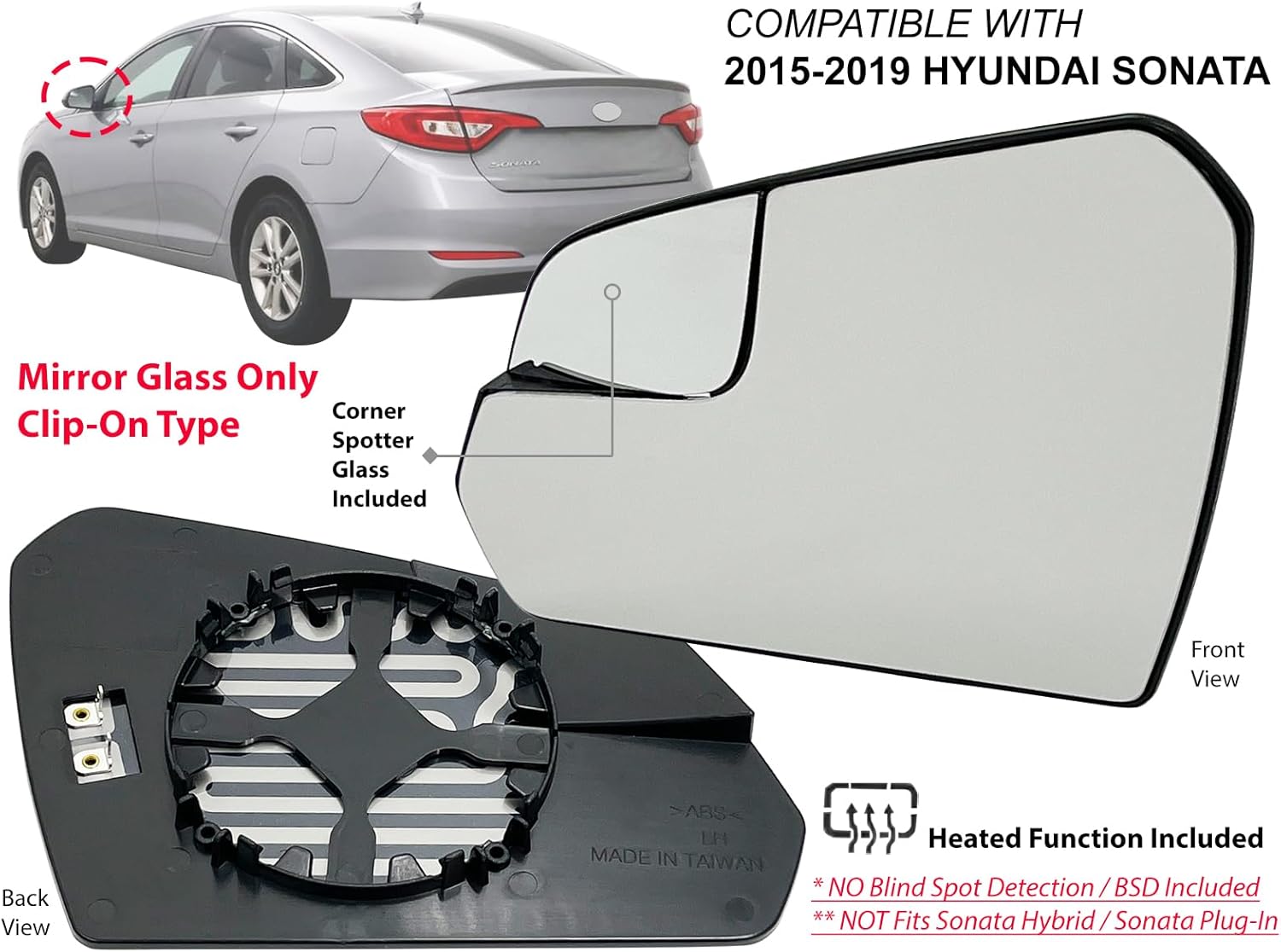 APA Replacement Exterior Rear View Mirror Glass Heated with Spotter Glass fits 2015-2019 SONATA Driver Left Side HY1324104 87621C2000