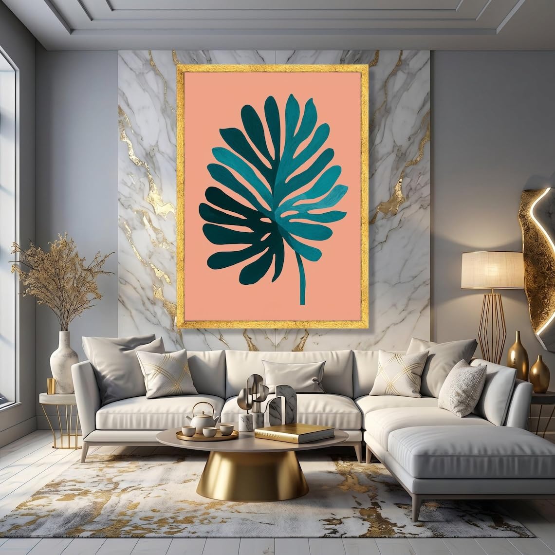 CAOXTART Obraz liści Monstera, naturalna botaniczna sztuka ścienna, niebieski i zielony obraz na płótnie roślin, minimalistyczny tropikalny liść ilustracja (20 x 30 cm/ramka wewnętrzna)
