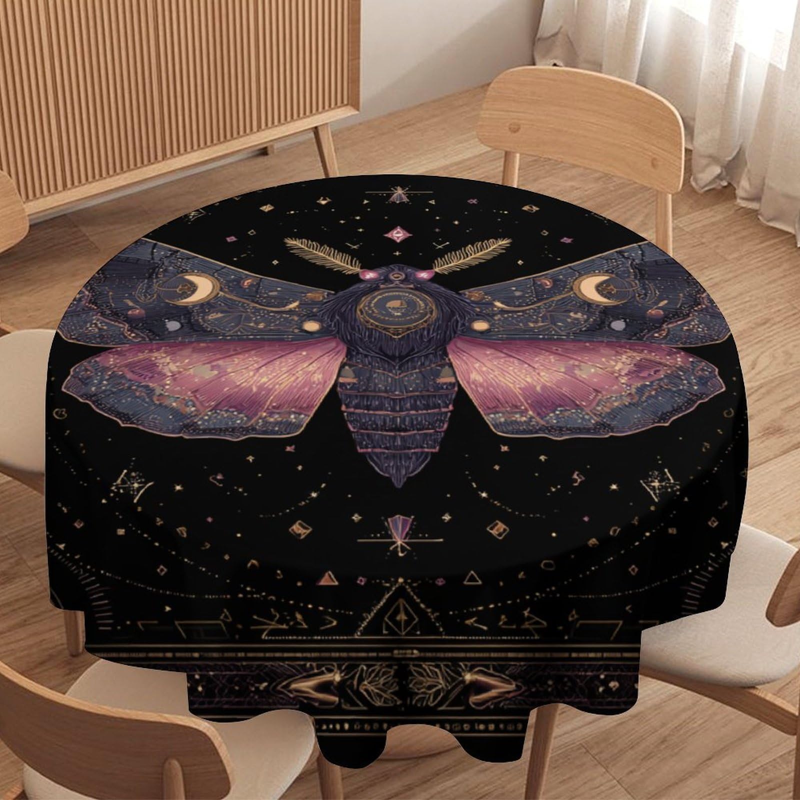 LUYYSKY Classic Vintage Boho Butterfly Waterproof Round Tablecloth Retro Mid Century Moon Phase Animal Butterfly Pattern Washable Table Cover for Kitchen-177.8" Wx177.8 L cm