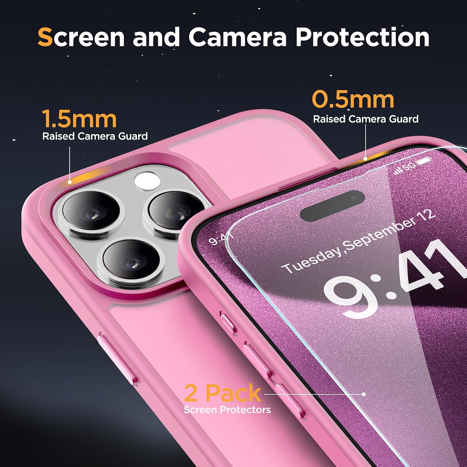 Miracase Magnetic for iPhone 15 Pro Case 6.1 inch (Compatible with MagSafe)（with 2X Screen Protectors）Military-Grade Protection, Anti-Fingerprint Translucent Matte Phone Cover, Mes Pink