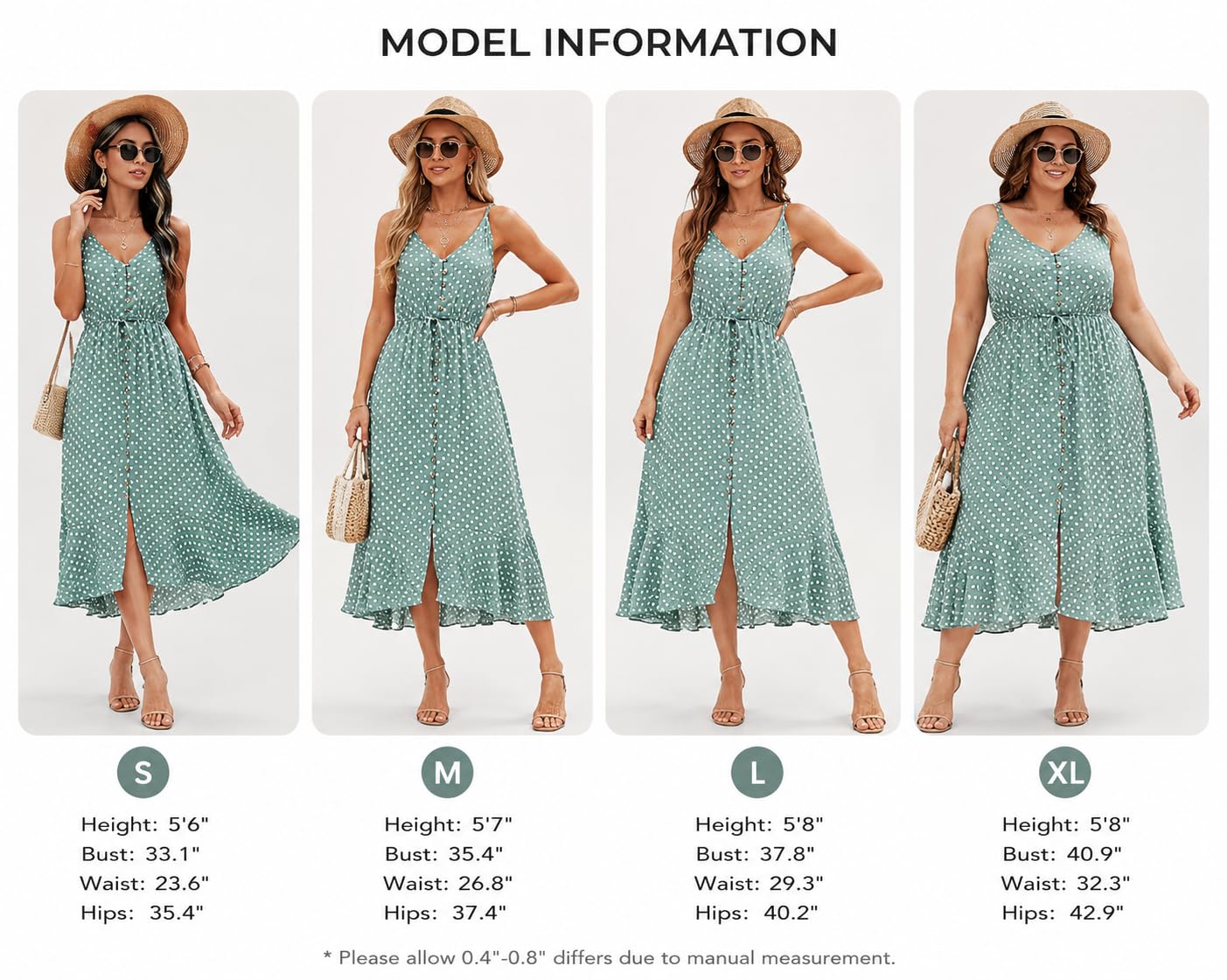 BROVAVE Sommerkleid für Damen, Bohème-Stil, gepunktet, Spaghettiträger, V-Ausschnitt, fließendes Midi Kleid