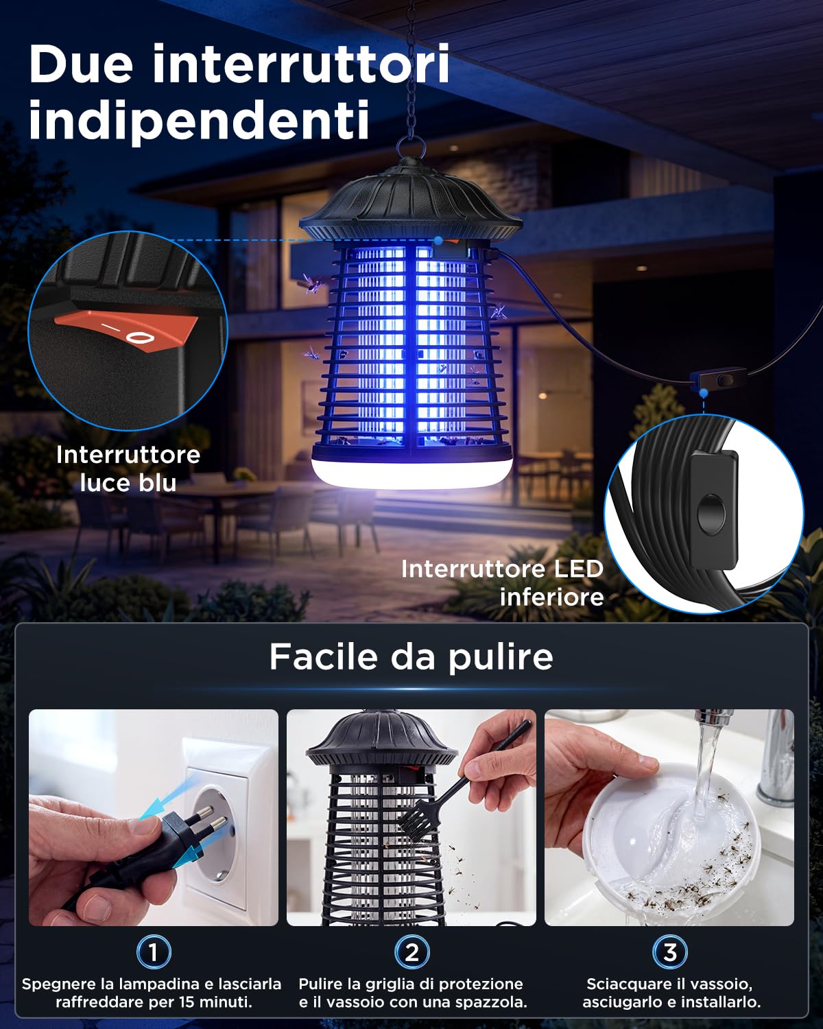 VIWAVE Lampada Antizanzare Elettrica, 4200V 15W UV Zanzariera con Luce LED, Antizanzare da Interno ed Esterno Impermeabile IPX4, Trappola Zanzare, Zanzare Elettrico per Casa Giardino Cucina