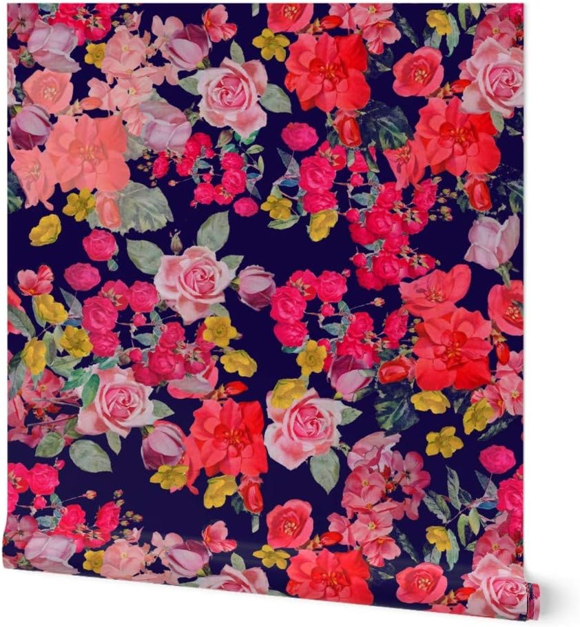 Peel & Stick Wallpaper 3ft x 2ft - Antique Floral Print Navy Coral Pink Red Flowers Vintage Pretty Roses Custom Removable Wallpaper by Spoonflower