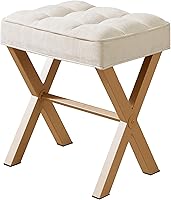 Royal Windsor Linen Beige Vanity Stool - Upholstered Square Ottoman Footrest with Sturdy Metal X Legs, 18"H for Bedroom, Entryway