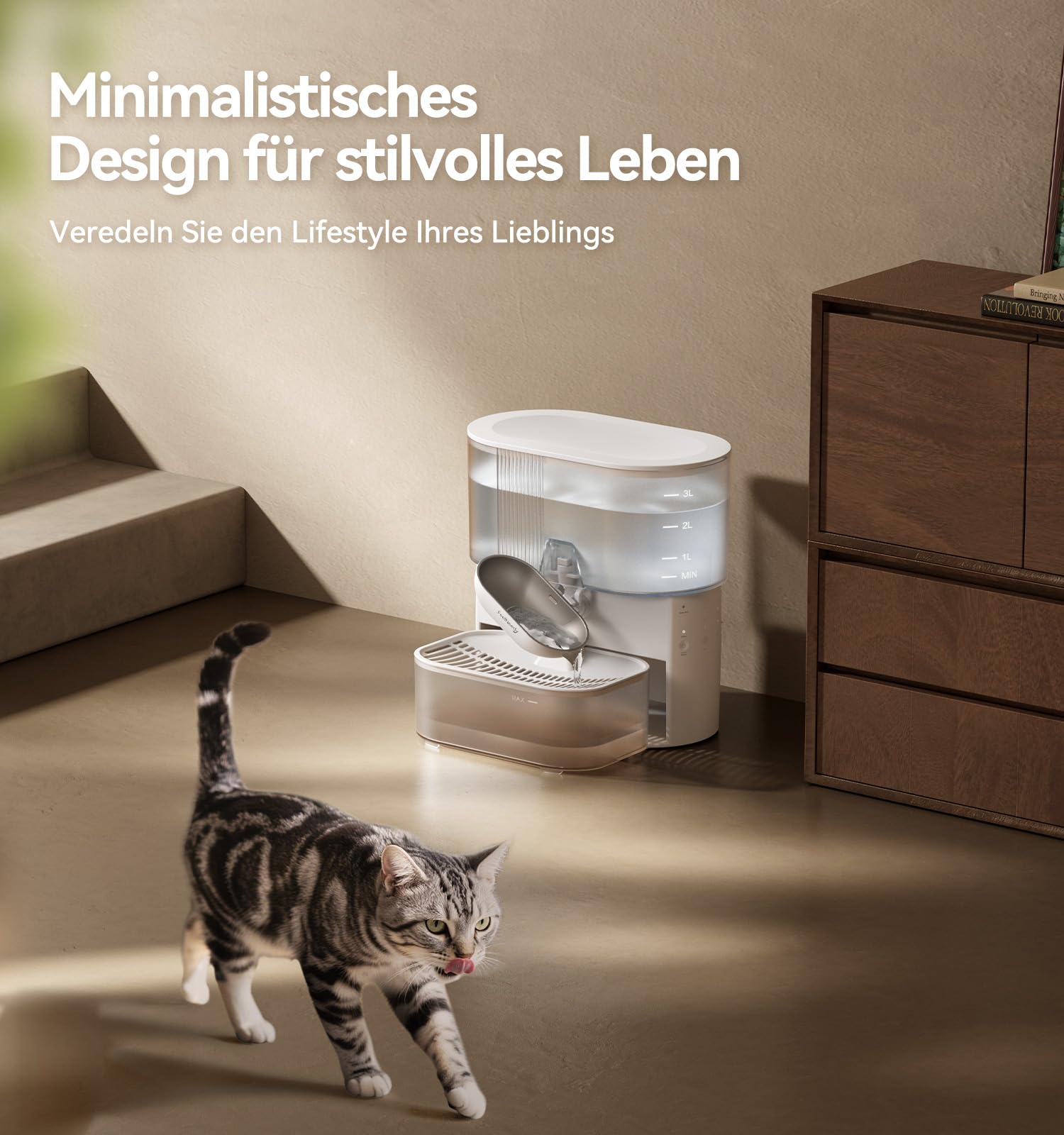 Trinkbrunnen für Katze Kabellos ohne Filter, FEELNEEDY Frischwasser getrennt von Abwasser ohne Wasserkreislauf, 2000mAh Akkubetrieb Katzenbrunnen, Trinkschale aus Edelstahl, 3,5L Tank (Weiß)