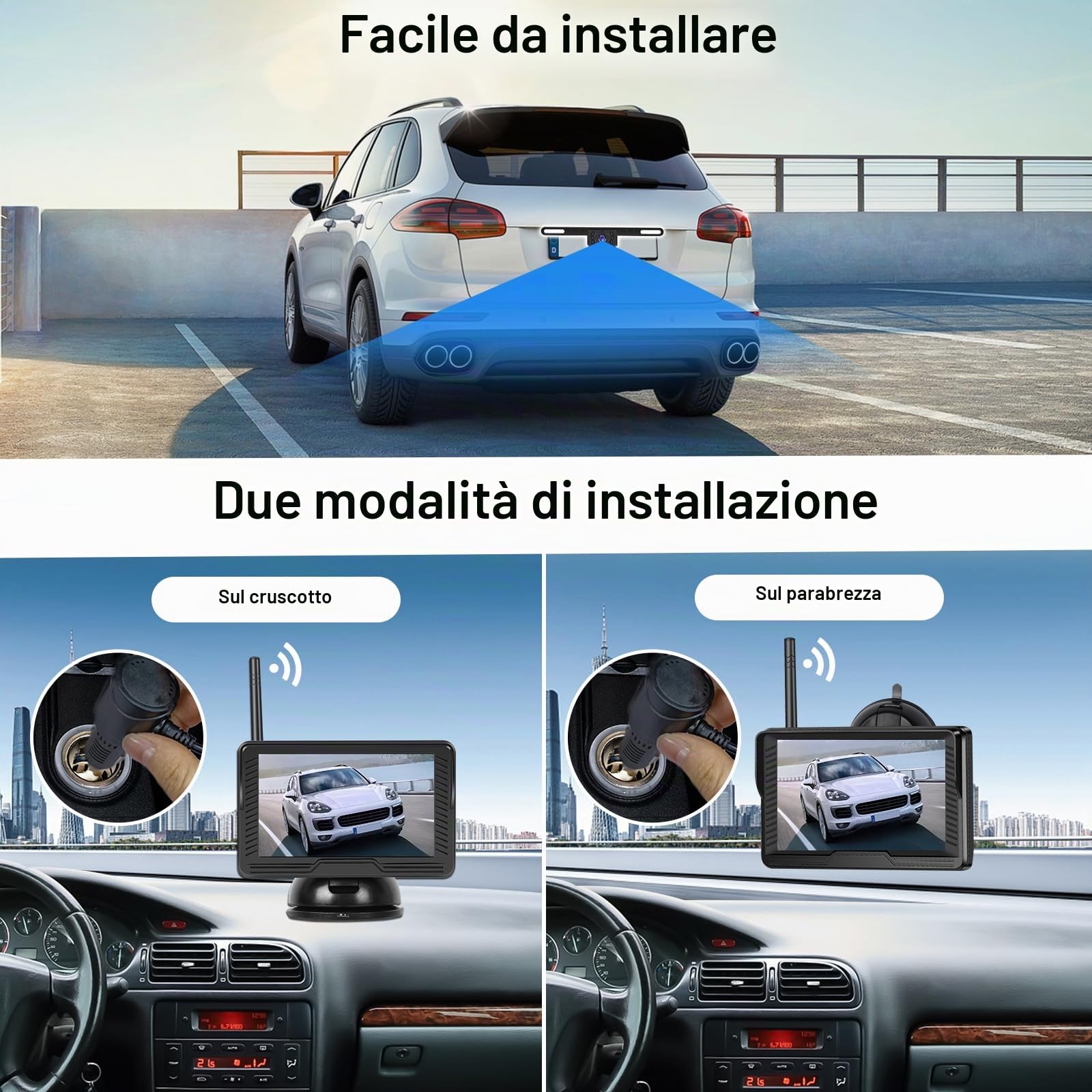 CAMECHO 5 Pollici Monitor per Auto, Kit Visione Notturna Telecamera Retromarcia Wireless con IP69 Impermeabile, Visione Notturna Telecamera Posteriore per Auto Minivan SUV-12V