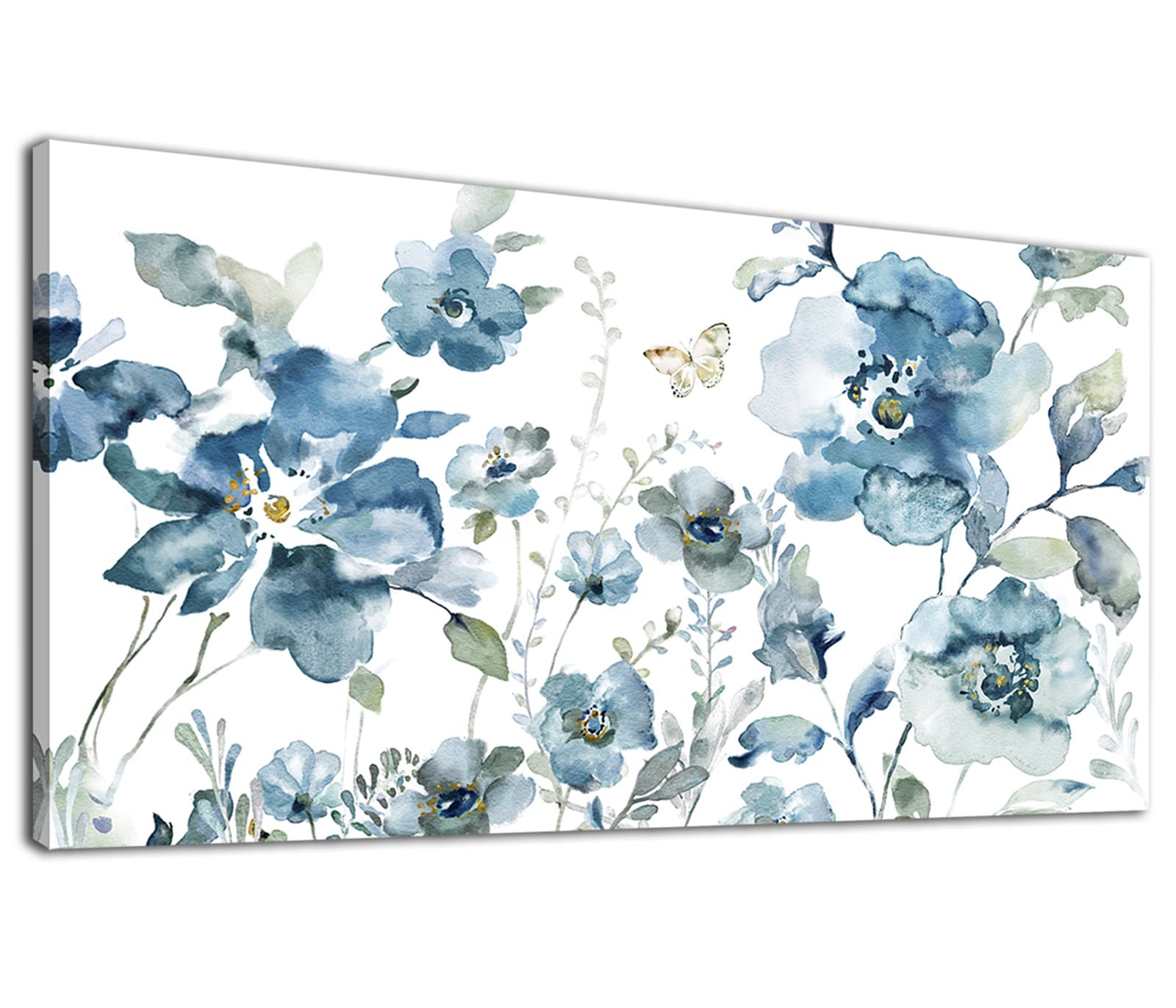 Flower Canvas Wall Art Blue Floral Canvas Painting Pictures for Gallery Wall Decor Butterfly Flies in Indigo Flowers Canvas Prints Artwork for Living Room Bedroom Home Wall Decorations 48" X 24"