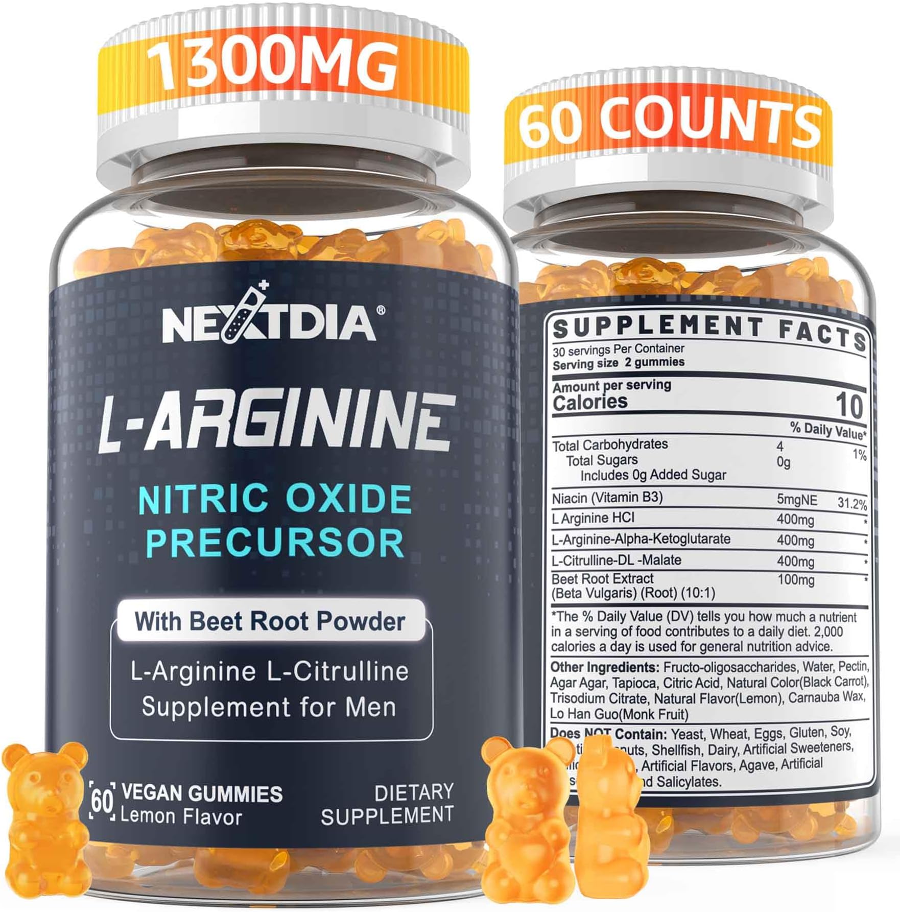 Nextdia Sugar Free L Arginine Nitric Oxide Gummies 1300mg for Men & Women with L Citrulline, Beet Root, B3 | L Arginine L Citrulline Supplements | Vegan, 60 Counts