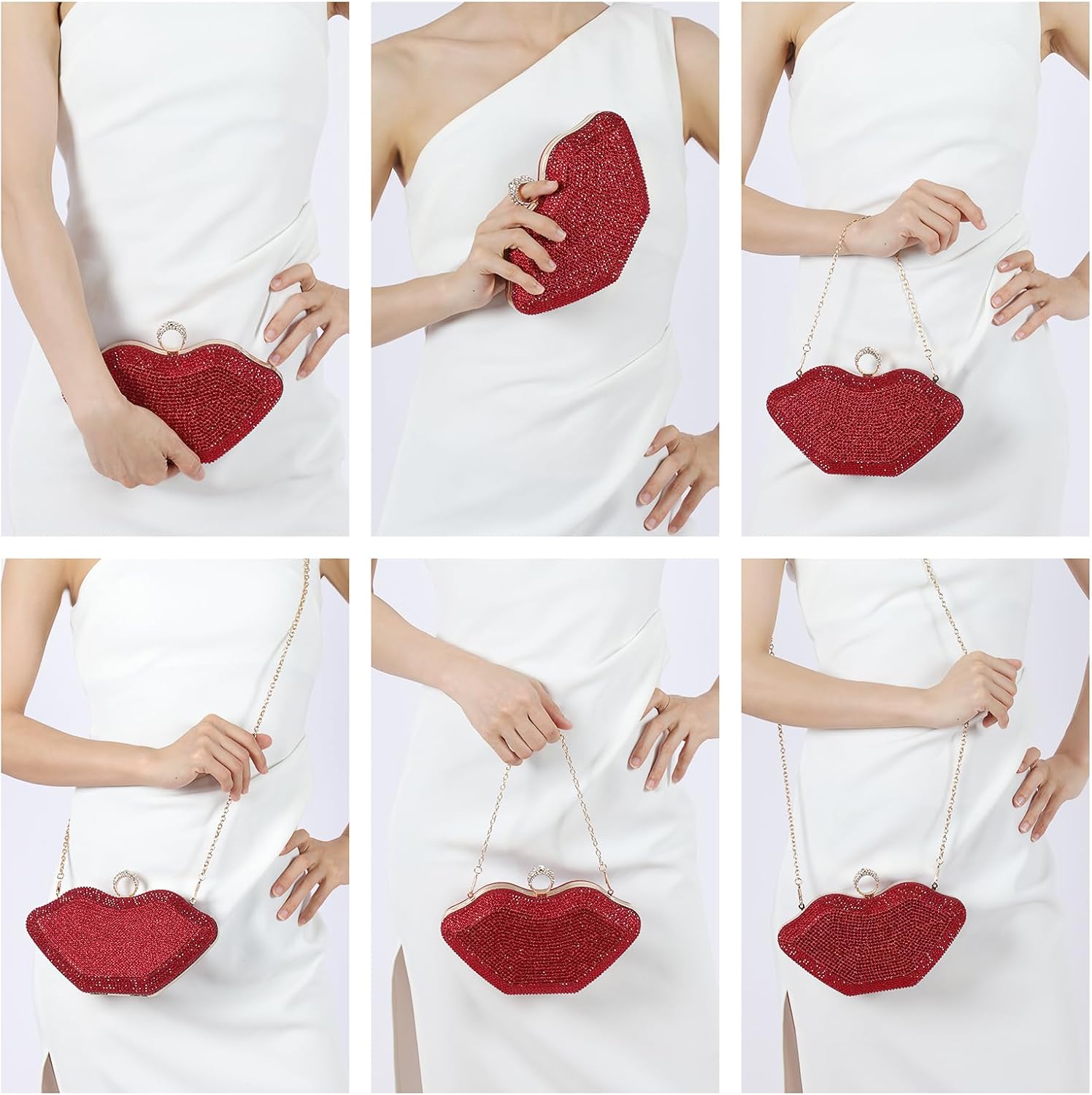 Rhinestone Clutch Purse for Women Sparkling Lip Party Evening Bag Small Crossbody Bag Shiny Shoulder Handbag for Wedding Prom Party Date Red - Image 2