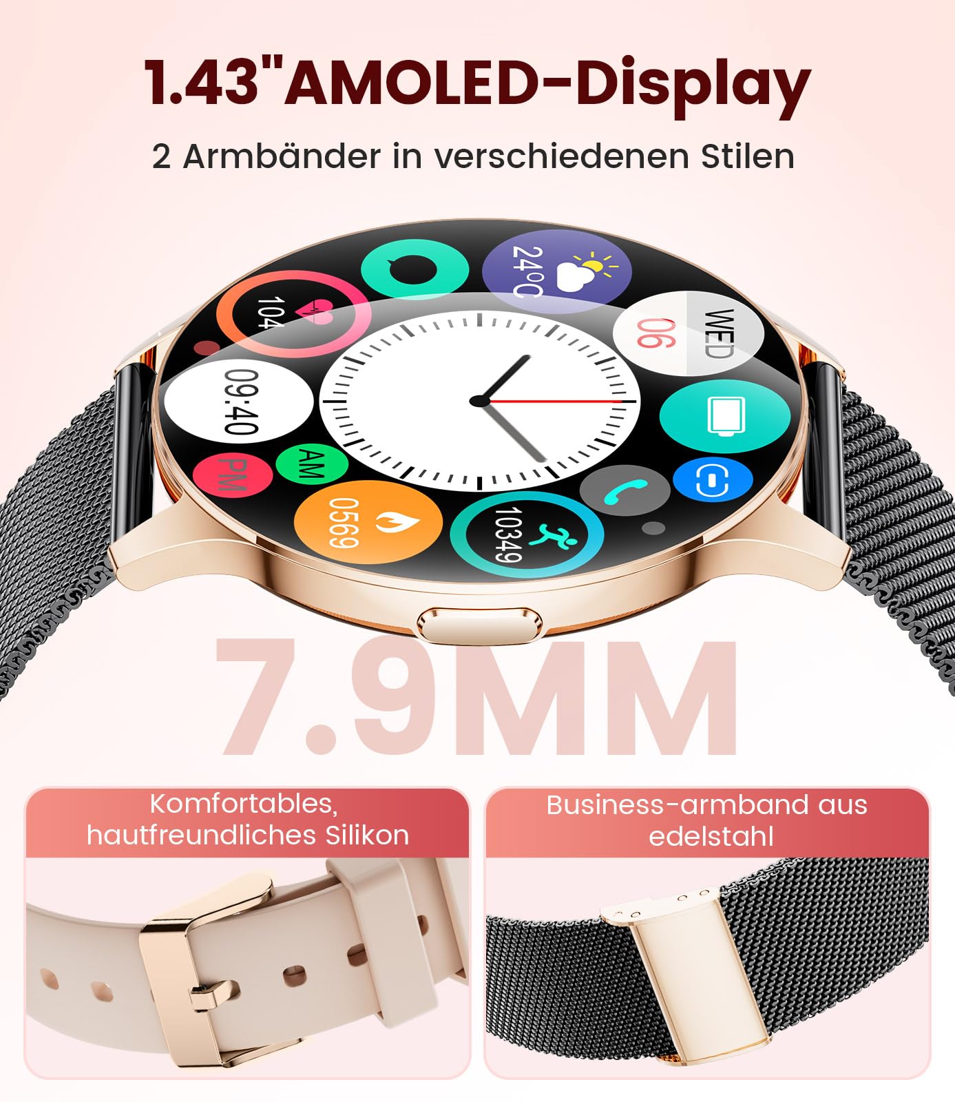 FITFLEX Smartwatch Damen, 1.43" HD Fitnessuhr mit Telefonfunktion, 120+Sportmodi, Monitor 24/7 Pulsuhr/SpO2/Schlafmonitor/Kalorien, Fitness Tracker, IP68 Wasserdicht Smart Watch, iOS Android, Schwarz